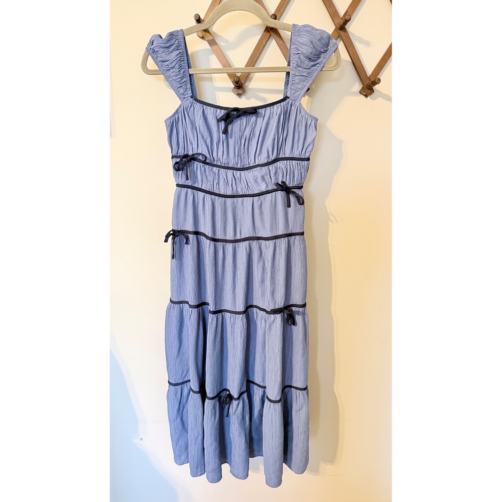 Storia Women Blue Cottagecore Midi Dress Romantic Tiered Coastal Bow Trim Small